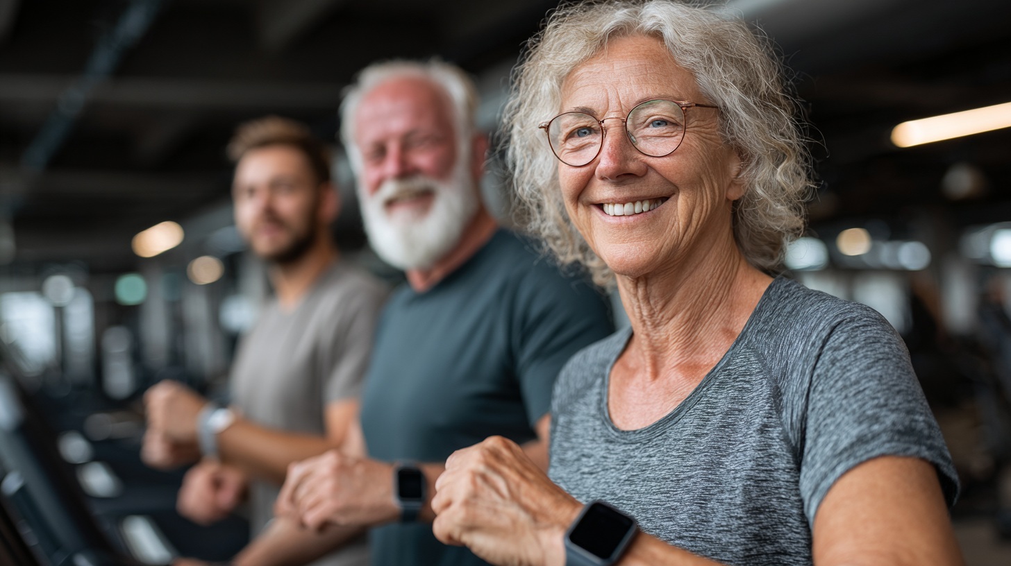 Grup de adulți activi participând la o sesiune de fitness adaptată vârstei, într-un mediu profesional și primitor